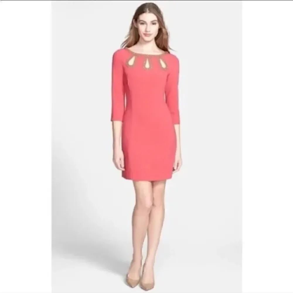 Lilly Pulitzer Bronte Embellished and Beaded Dress Zip Back Pink Watermelon